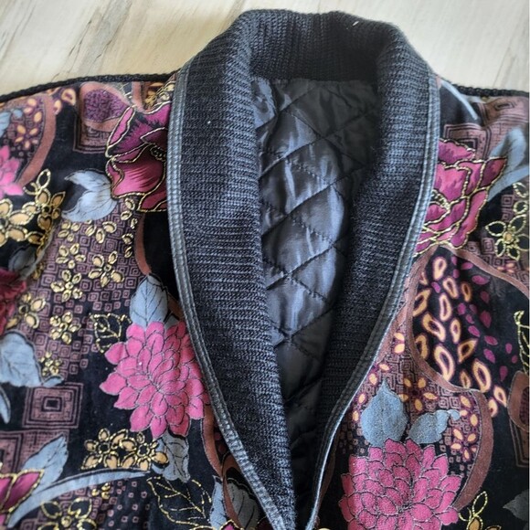 VTG Velvet Velour Rayon Quilted Liner Art To Wear Leather Trim Bomber Jacket OS - Picture 4 of 11